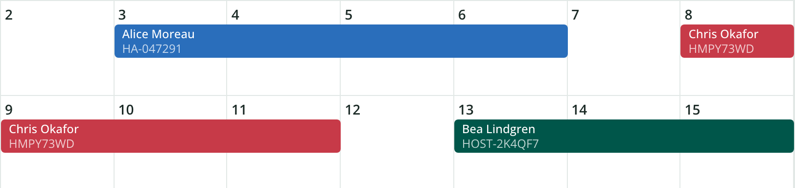Two calendar weeks with bookings colored by platform